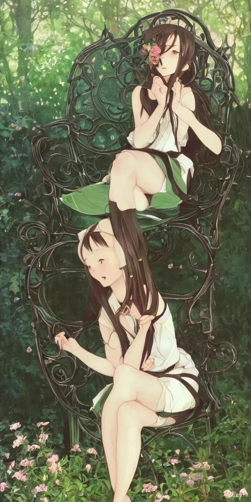 Image similar to a loli with long hair in a black dress sitting on a metal garden chair in the privet garden at afternoon, green and warm theme, back lighting, highly detailed, by krenz cushart and mucha and akihito yoshida and greg rutkowski and makoto shinkai and studio ghibli, detailed eyes, 4 k resolution, trending on art station