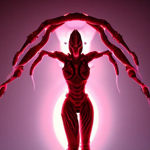 Image similar to stunning symmetric full body character image, woman, predator, Protoss, human, Tsutomu Nihei, 3d octane render, unreal engine, hyper realistic, realistic, white bone armor, soft illumination, human facial features, surrounded in red glowing tendrils of whispy smoke, trending artstation, 4K, insane