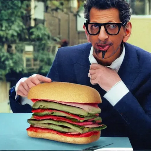 Image similar to a fat sandwich eating Jeff Goldblum