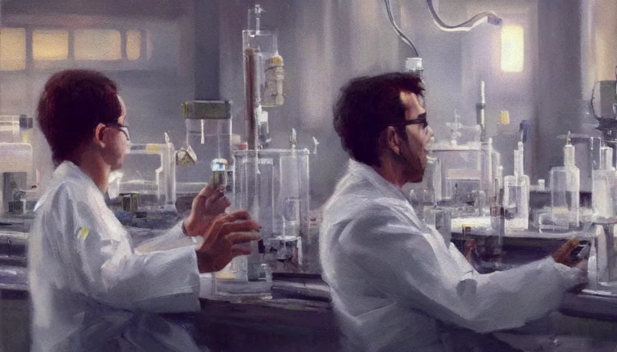 Image similar to concept art of scientist in laboratory, cinematic shot, oil painting by jama jurabaev, extremely detailed, brush hard, artstation, high quality, brush stroke