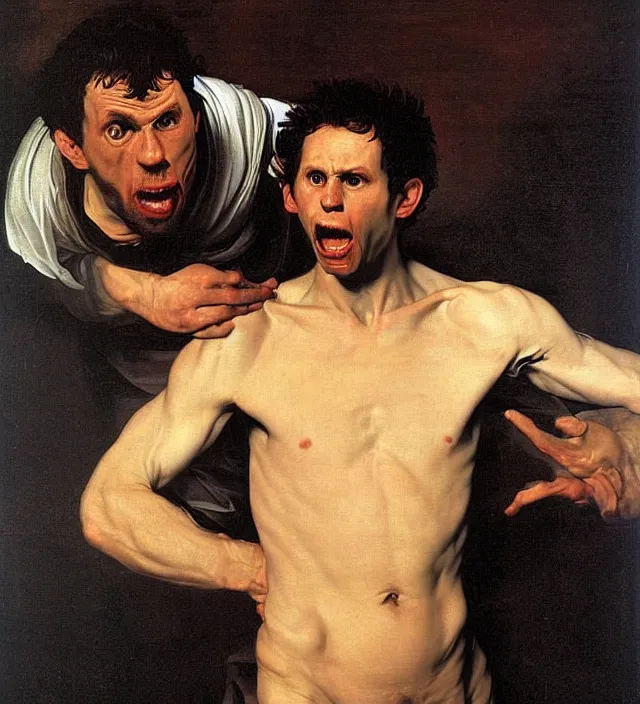 Prompt: dennis reynolds untethered rage painted by caravaggio