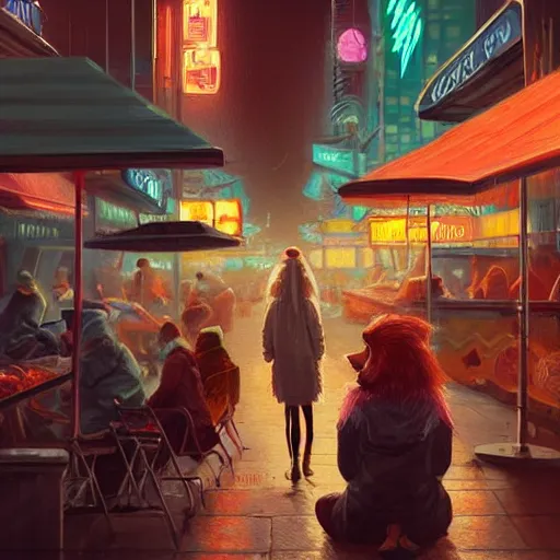 Image similar to anthropomorphic female vulpes vulpes fulva woman sitting at a noodle stand eating noodles in the crowded street of a cyberpunk city, rain, harsh neon lights, highly detailed, digital painting, trending on artstation, concept art, sharp focus, illustration, art by artgerm and greg rutkowski and magali villeneuve