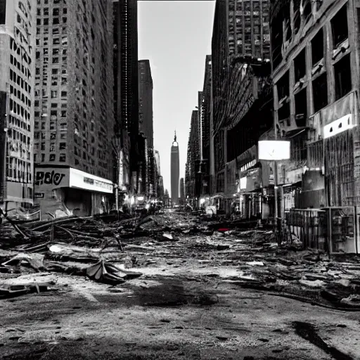 Image similar to photo of abandoned destroyed new york city street at night after the war between humans and ais, film grain, soft vignette, canon eos digital rebel xti, 1 0 0 - 3 0 0 mm canon f / 5. 6, exposure time : 1 / 1 6 0, iso 4 0 0