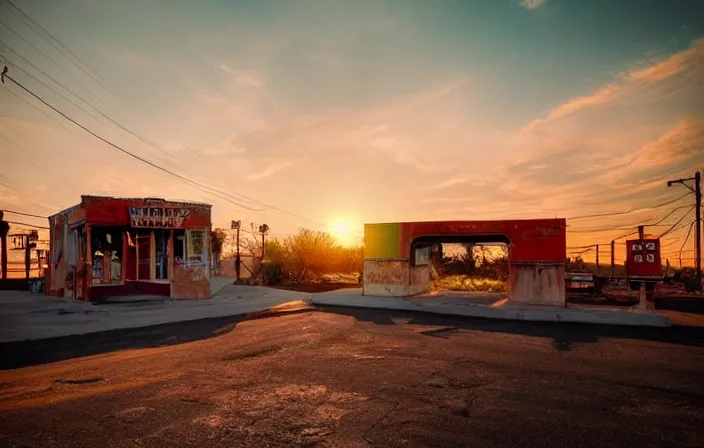 Image similar to a sunset light landscape with historical route 6 6, lots of sparkling details and sun ray ’ s, blinding backlight, smoke, volumetric lighting, colorful, octane, 3 5 mm, abandoned gas station, old rusty pickup - truck, beautiful epic colored reflections, very colorful heavenly, softlight