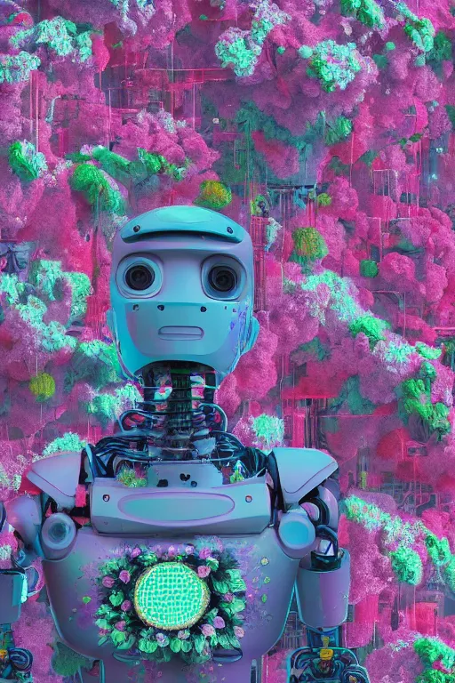 Prompt: a closeup digital painting of a robot surrounded by flowers by Mike Winkelmann, cgsociety, environmental art, made of flowers, anaglyph filter, digital painting