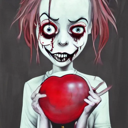 Prompt: grunge painting of a billie eilish with a wide smile and a red balloon by tim burton, loony toons style, pennywise style, corpse bride style, rick and morty style, creepy lighting, horror theme, detailed, elegant, intricate, conceptual