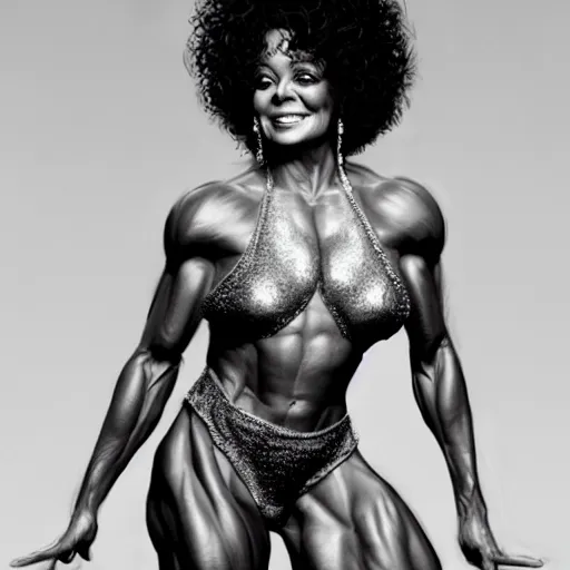 Image similar to Diana ross with the physique of a body builder, photorealistic, hyper realistic, ultra detailed, cinematic, dynamic lighting, refined, intricate, digital art, digital painting, masterpiece, 8k