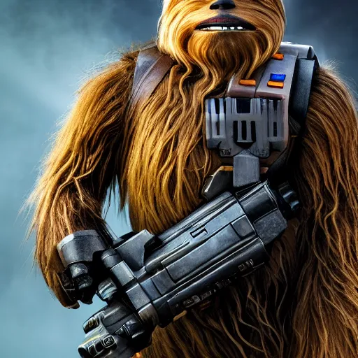 Image similar to chewbacca as master chief, highly detailed, extremely high quality, hd, 4 k, 8 k, canon 3 0 0 mm, professional photographer, 4 0 mp, lifelike, top - rated, award winning, realistic, detailed lighting, detailed shadows, sharp, no blur, edited, corrected, trending