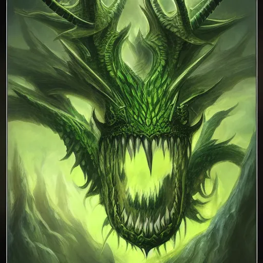 Prompt: a green and yellow dragon with large horns, a character portrait by Alex Horley-Orlandelli, deviantart, antipodeans, lovecraftian, concept art, grotesque