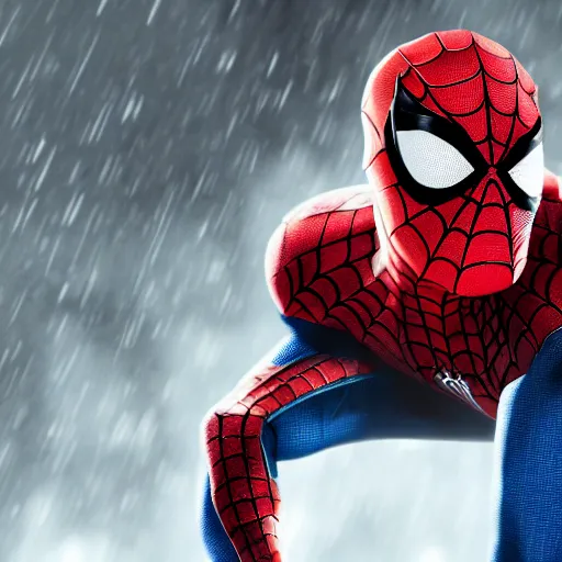 Image similar to Peter Parker as Spiderman , wet face , heavy rain ,dramatic, intricate, highly detailed, concept art, smooth, sharp focus, illustration, Unreal Engine 5, 8K