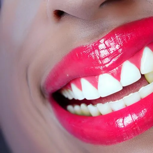 Prompt: A close-up of a smile, with the teeth and gums painted in bright colours.