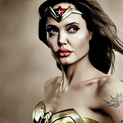 Image similar to young angelina jolie as wonder woman, photorealistic, photographed in the style of annie leibovitz - h 6 4 0