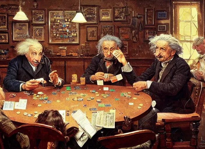 Prompt: albert einstein and isaac newton and stephen hawkins playing poker in an old west saloon, intricate, highly detailed, centered, digital painting, artstation, concept art, smooth, sharp focus, illustration, art by james gurney and norman rockwell and greg rutkowski