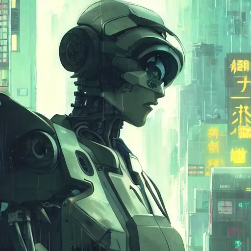 Prompt: a japanese cyberpunk robot, finely detailed features, cyborg robot parts with glowing lights!, dramatic cinematic, night, at cyberpunk city, ghost in the shell, akira, noir, painted by greg rutkowski makoto shinkai takashi takeuchi craig mullins, alphonse mucha, studio ghibli, pixiv