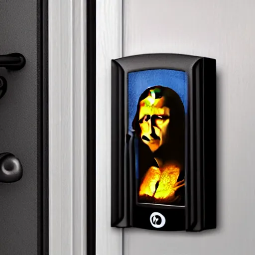 Image similar to ring doorbell video of mona lisa knocking my door, dark lighting