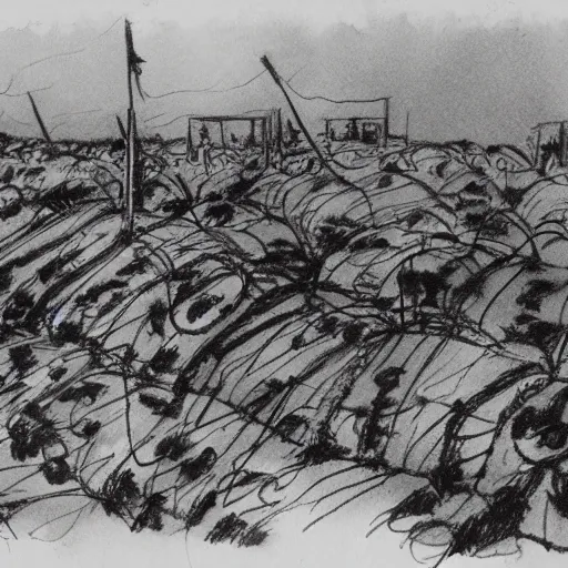 Image similar to milt kahl sketch of world war 1 trenches with the city of miami in the background