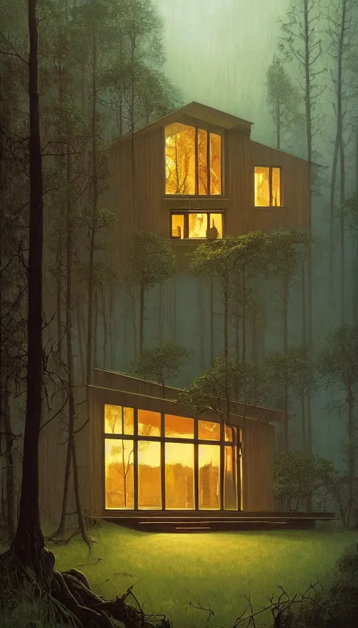 Image similar to cozy ultra modern home in the woods moody lighting, highly detailed, painting by zdzisław beksinski and norman rockwell and greg rutkowskiweta studio, and lucasfilm