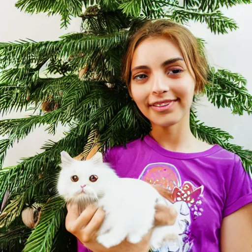 Prompt: portrait photo of a slim girl with 1 0 year old, light brown hair, brown eyebrows, brown eyes, pretty eyelashes, holding an orange persian cat sitting in a queen size bed, daylight from big window with an araucaria tree outside, green and light purple flowers wallpaper