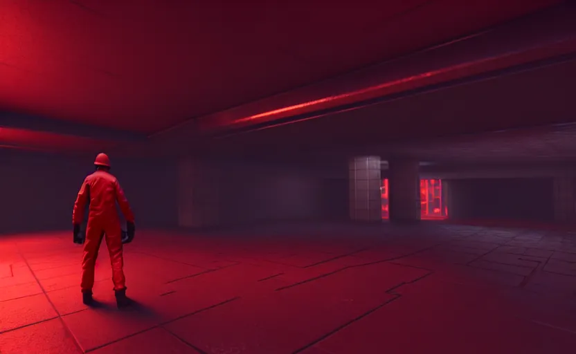 Image similar to in-game screenshot of a dark red hazmat scientist holding a gun walking on unreal engine 5, in a liminal underground garden, photorealistic, octane render, retrofuturism, brutalism, staggered terraces, minimalist