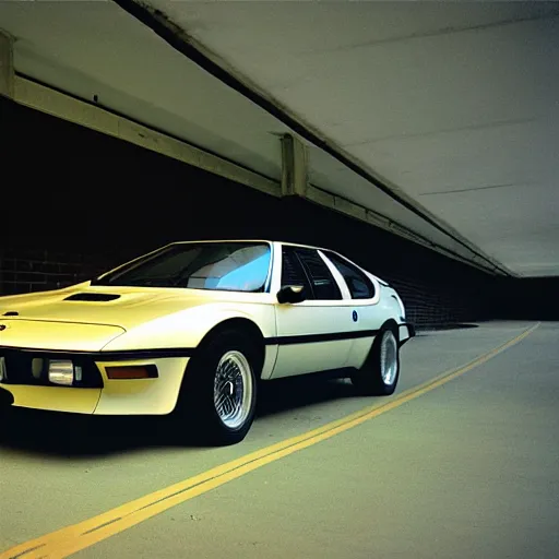 Prompt: 1979 BMW M1, inside of an badly lit 1970s parking garage, ektachrome photograph, volumetric lighting, f8 aperture, cinematic Eastman 5384 film