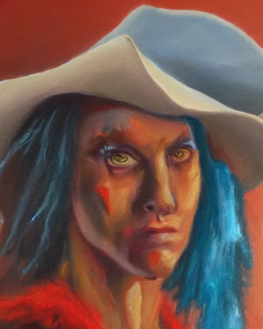 Image similar to scarred cowgirl, oil painting