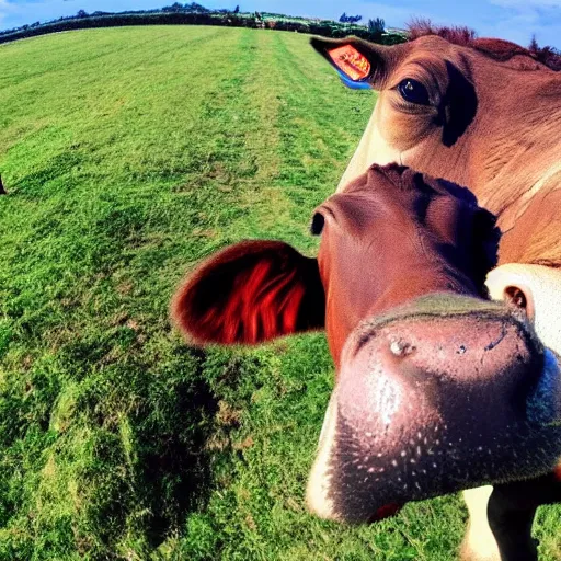 Image similar to selfie stick photo of a cow and it's hippopotamus best friend