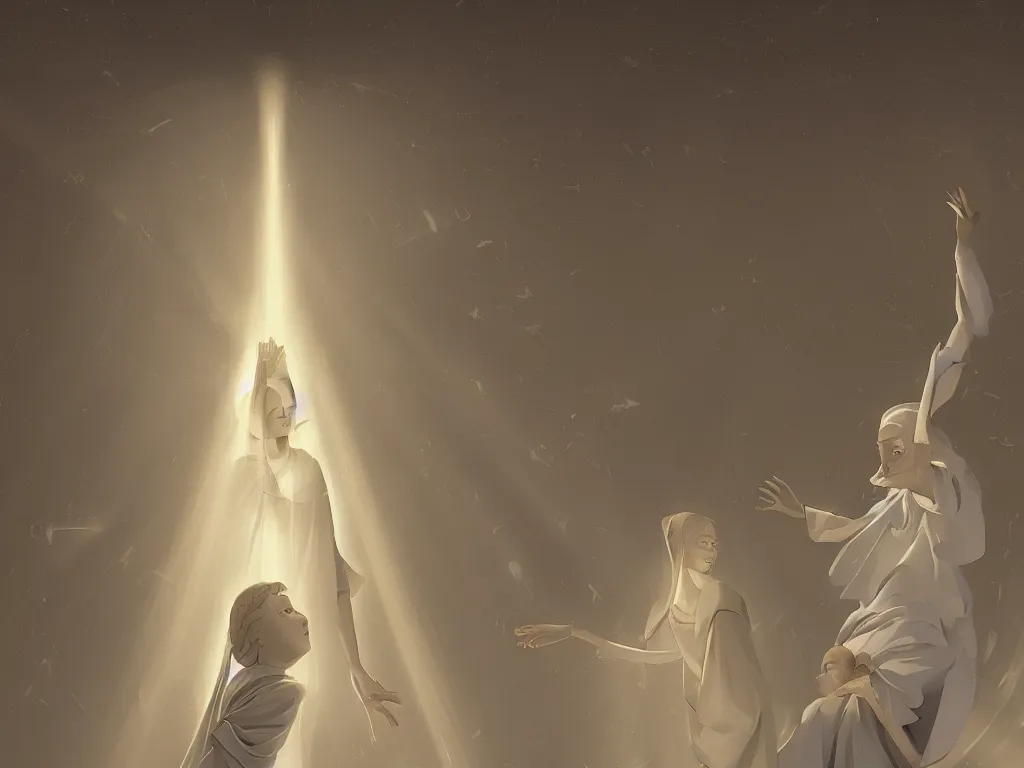 Image similar to the annunciation with mary on the left and archangel on the right, with a beam of light coming down from the top right towards mary on the left, by goro fujita, trending on artstation, 8k, highly detailed, digital graphic art