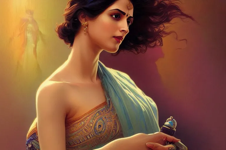 Image similar to sensual pale beautiful indian doctor in jeans, art deco portrait, elegant, intricate, digital painting, artstation, concept art, smooth, sharp focus, illustration, art by artgerm and greg rutkowski and alphonse mucha