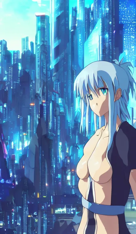 Image similar to anime fine details portrait of Rimuru Tempest in front of cyberpunk moder city landscape on the background deep bokeh, close-up view, anime masterpiece by Studio Ghibli. 8k, sharp high quality anime, artstation