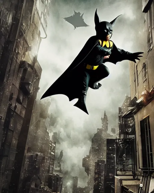 Image similar to epic action still of baby yoda wearing batman outfit as batman hanging upside - down from building in atmospheric alleyway in the style of batman the dark knight rises