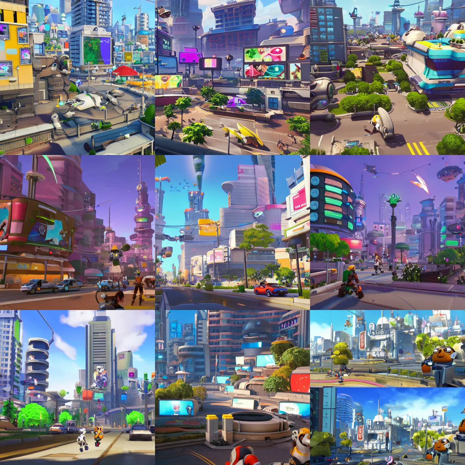 Prompt: a future urban city, white buildings + colorful decorative + led billboards, cute scene, dokev, ratchet & clank, overwatch,