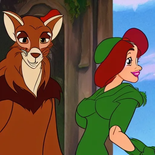 Image similar to a Don Bluth rendition of Ariana Grande as foxy Robin Hood