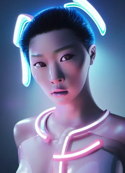 Image similar to an asian female humanoid with freckled cheeks, cyber neon lighting, futurism, intricate futuristic metal jewelry, cyberpunk glossy white latex swimwear, profile posing, hyper photorealistic, crispy quality, digital photography, trending in artstation, trending in pinterest, cinematic, 4 k ultra hd, art by pascal blanche, art by greg rutkowski,