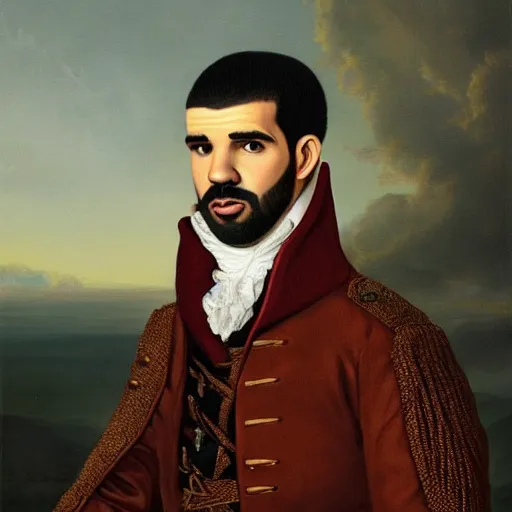 Image similar to oil painting portrait of Drake wearing a colonial outfit, 8k, very detailed, very intricate,