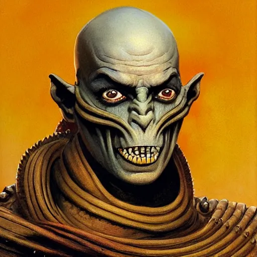 Image similar to ( ( ( head and shoulders portrait of a gaunt noseless yellow - skinned bald githyanki warrior in a breastplate ) ) ), greg rutkowski, frank frazetta, alexandre chaudret, boris vallejo, michael whelan, miro petrov, hr giger, magali villeneuve, donato giancola, d & d, fantasy, medieval