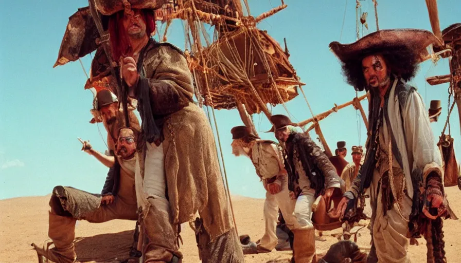 Prompt: movie still by alejandro jodorowsky of a pirate ship strange crew in the desert, cinestill 8 0 0 t eastmancolor technicolor, high quality, very detailed, heavy grain, fine facial features, 8 k, octane render