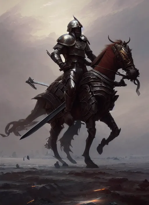 Prompt: epic war commander with armored helmet holding two gigantic sword and riding a standing horse while attacking enemies. highly detailed, digital painting, concept art, smooth, sharp focus, illustration, art by greg rutkowski