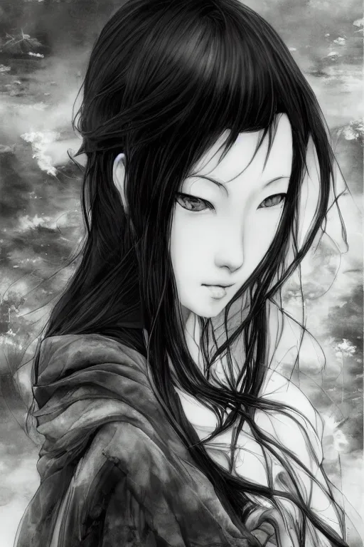 Image similar to a portrait of a character in a scenic environment by Yoshitaka Amano, black and white, dreamy, dark eyes, wavy long black hair, highly detailed