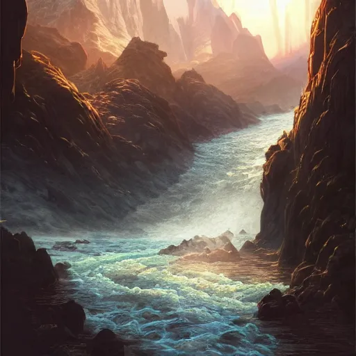 Image similar to a mountain range with a river flowing through it by akihito tsukushi, backlight, rim lighting, deep focus, d & d, fantasy, intricate, elegant, highly detailed, digital painting, artstation, concept art, matte, centered, sharp focus, illustration, hearthstone, art by artgerm, greg rutkowski and alphonse mucha