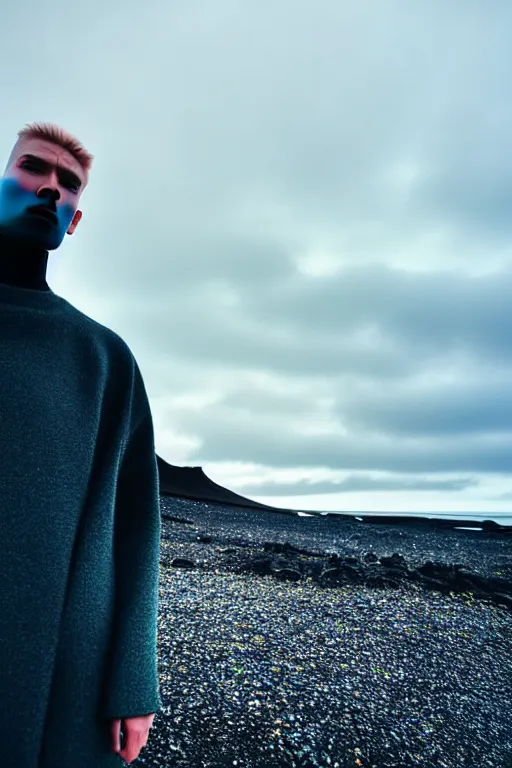Image similar to high quality pastel coloured film wide angle selfie photograph of a male cyber model standing in an icelandic black rock environment. three point light. photographic. art directed. pastel colours. volumetric light. stark. rocks. waves. 8 k. filmic.