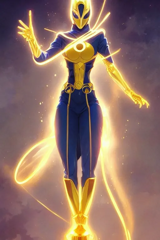 Image similar to anime key visual of a beautiful young female doctor fate!! intricate, gold and blue suit, cape, glowing, powers, dc comics, cinematic, stunning, highly detailed, digital painting, artstation, smooth, hard focus, illustration, art by artgerm and greg rutkowski and alphonse mucha