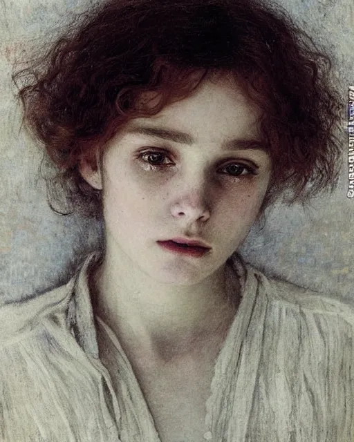 Prompt: a beautiful but sinister girl who looks like cillian murphy in layers of fear, with haunted eyes and curly hair, 1 9 7 0 s, seventies, delicate embellishments, a little blood, crimson, painterly, offset printing technique, by jules bastien - lepage