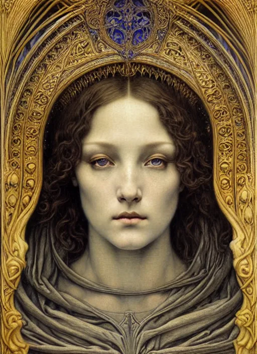 Image similar to detailed realistic beautiful young medieval queen face portrait by jean delville, gustave dore and marco mazzoni, art nouveau, symbolist, visionary, gothic, pre - raphaelite. horizontal symmetry