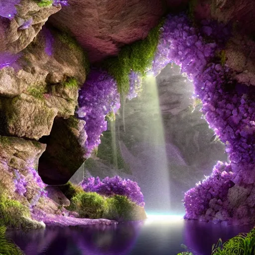 Image similar to a mystical waterfall cave with amethysts, lilac sunrays, highly detailed matte painting, 8 k