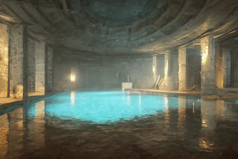 Prompt: serene pool in dark old citadel basement, hyper realistic, ambient lighting, concept art, intricate, hyper detailed, smooth, dynamic volumetric lighting, octane, raytrace, cinematic, high quality, high resolution, 4 k, cgsociety, rutkowski, gurney