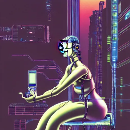 Prompt: a detailed airbrush cyberpunk illustration of a female android seated on the floor in a tech labor, seen from the side with her body open showing cables and wires coming out, by masamune shirow, hajime sorayama, boris vallejo and katsuhiro otomo, japan, 1980s, dark, colorful