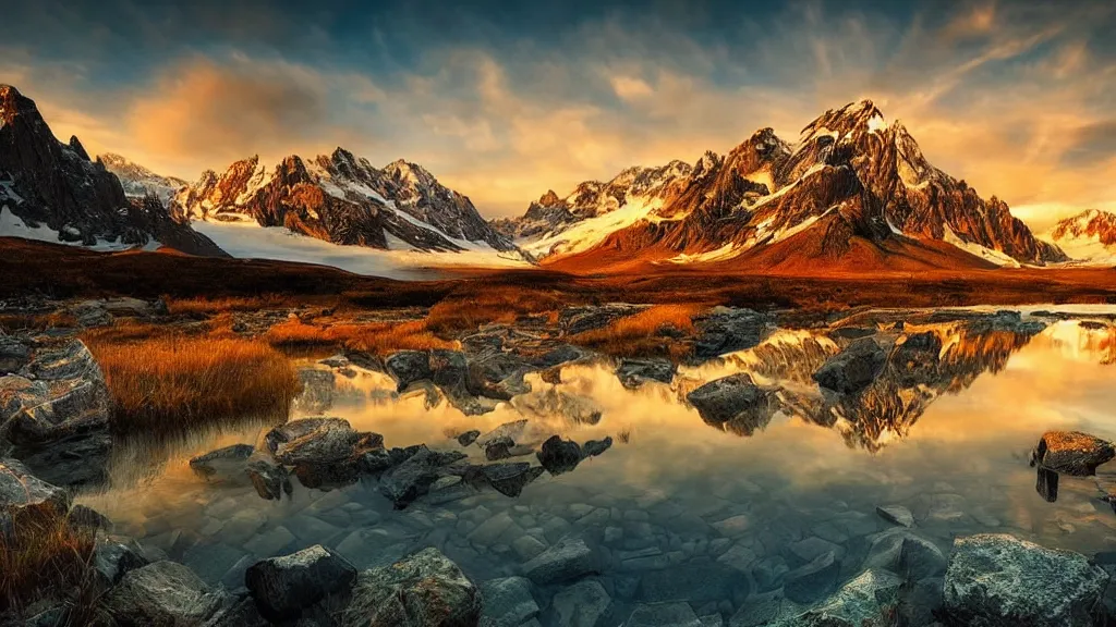 Image similar to amazing landscape photo of mountains with lake in sunset by marc adamus, beautiful dramatic lighting