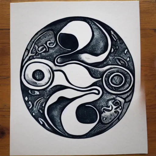Image similar to whimsical yin Yang sea creatures, ink and wash