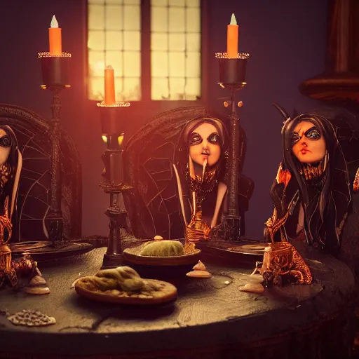 Image similar to dark witches sitting at a table doing a ritual. Ornate details, award winning. Octane render, 4k, 8k, unreal 5, very detailed, hyper control-realism, trending on artstation.”