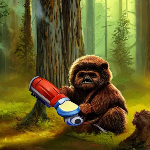 Image similar to a hard working ewok cleaning the forest floor with a vacuum, artstation, colorful